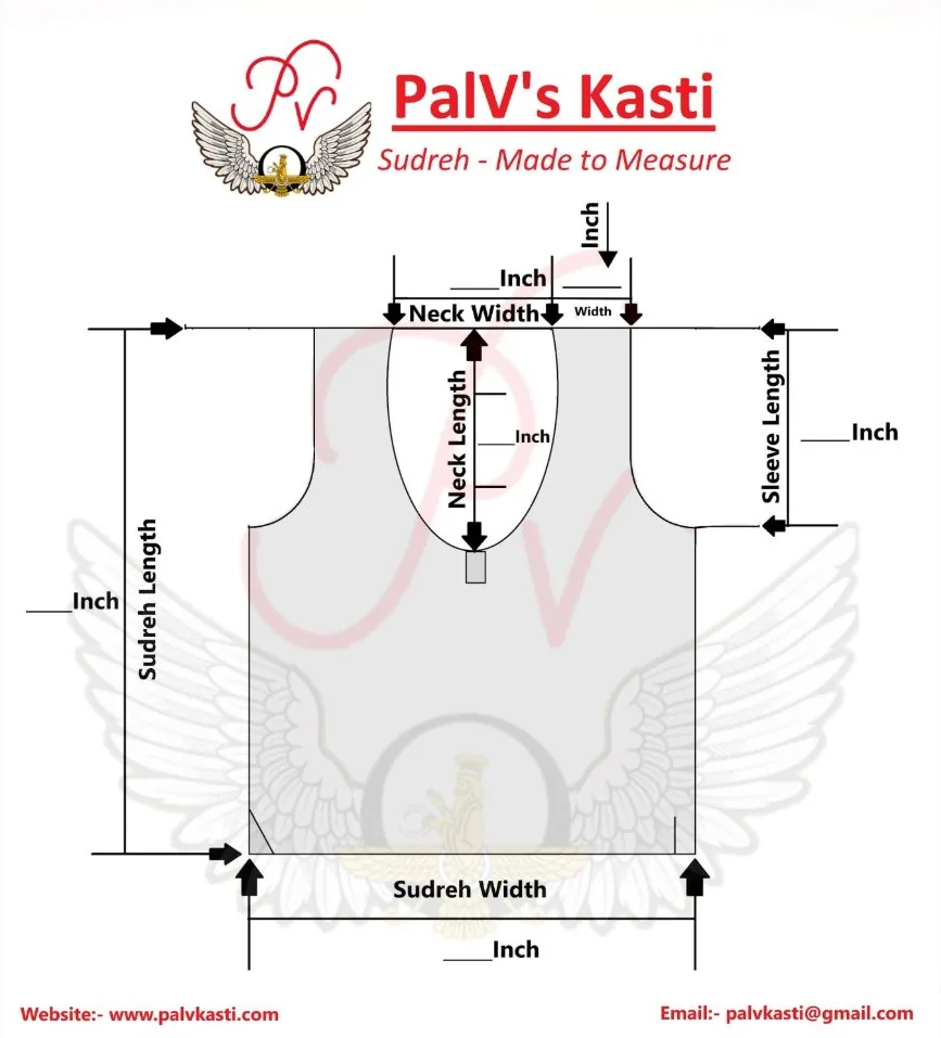 Measurement diagram: sudreh length, sudreh width, neck width, neck length (front), sleeve length, sleeve width, all in inches