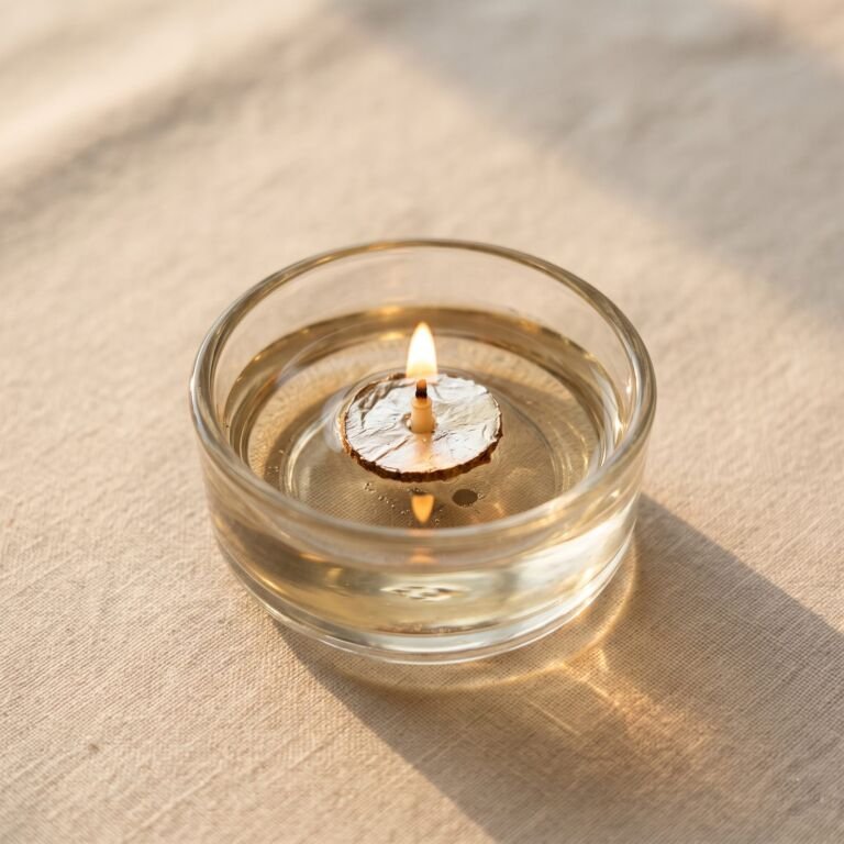 A Parsi Diva Kakra floating oil wick burning in a glass of oil