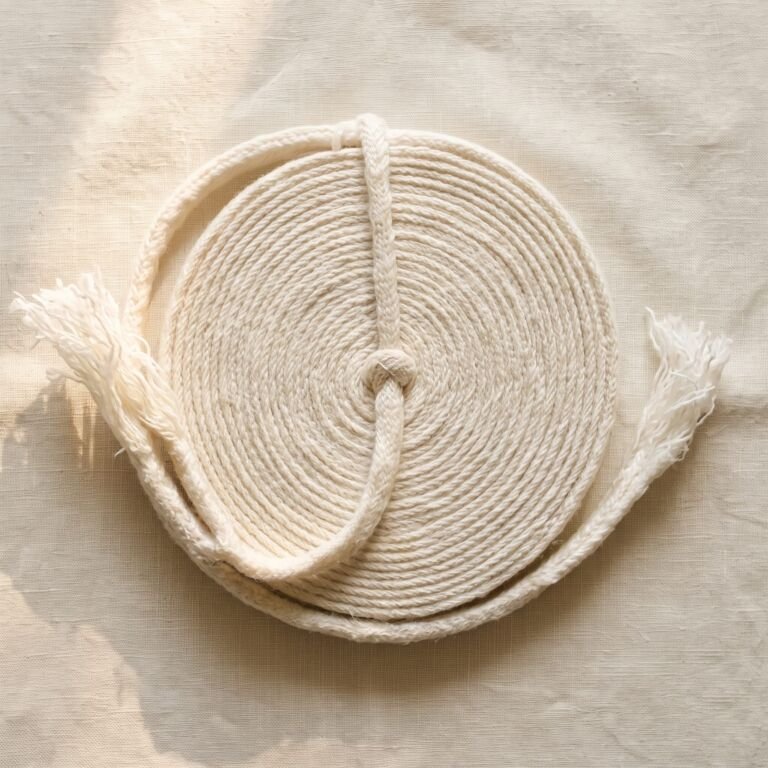 A handwoven white Parsi Kasti coiled flat, with its knotted ends