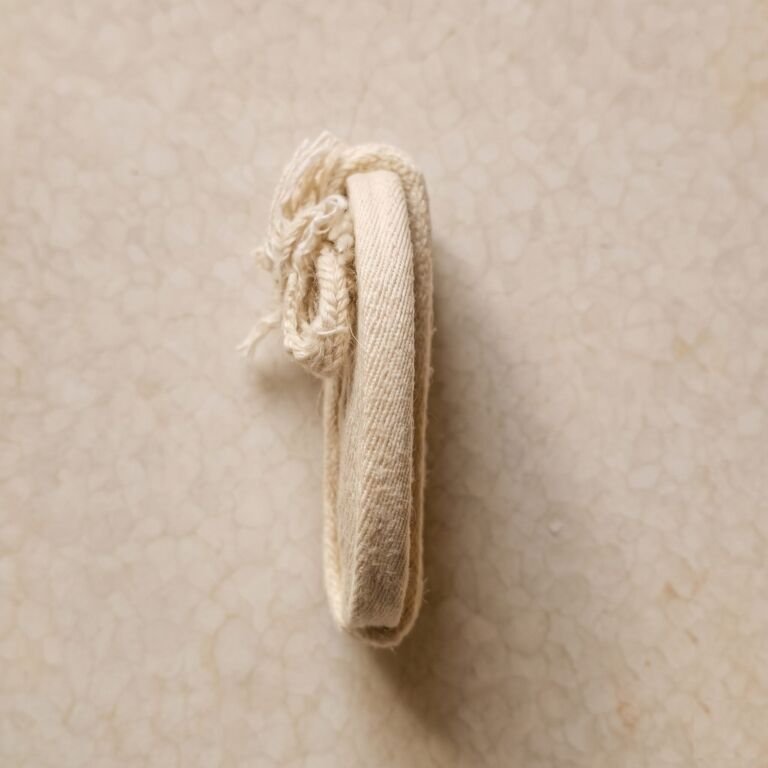 A coiled Parsi Kasti seen from the side, showing its flat woven width