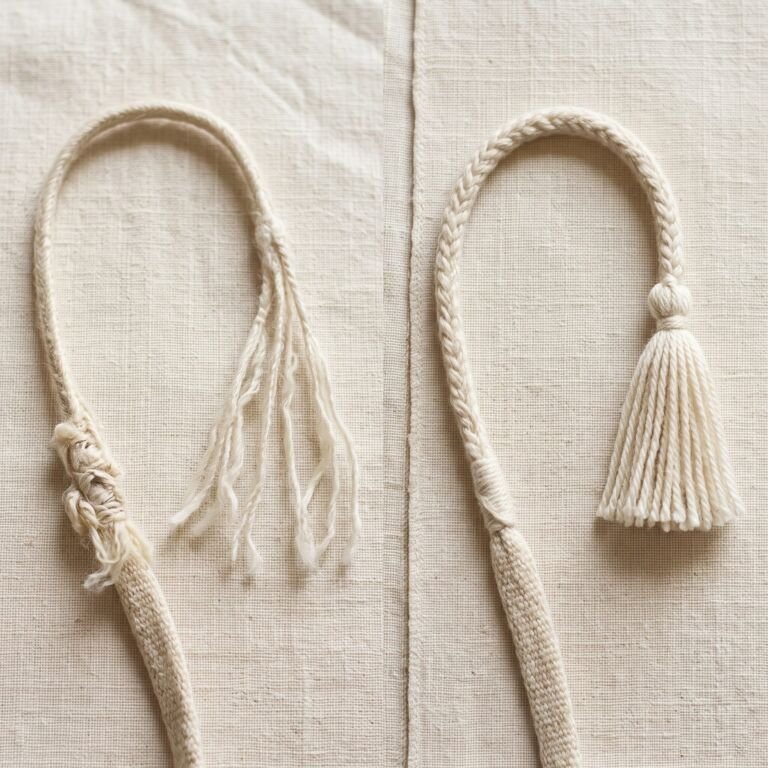 Two ends of a Parsi Kasti: the laar (fringed end) woven on, beside a finished tassel end