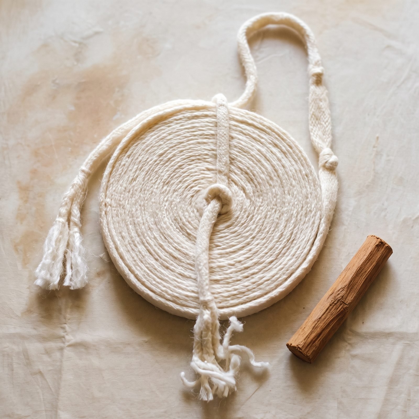 A coiled Parsi Kasti with a stick of sandalwood