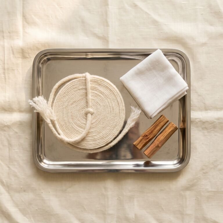 A Parsi Kasti, white cloth and sandalwood on a steel prayer tray