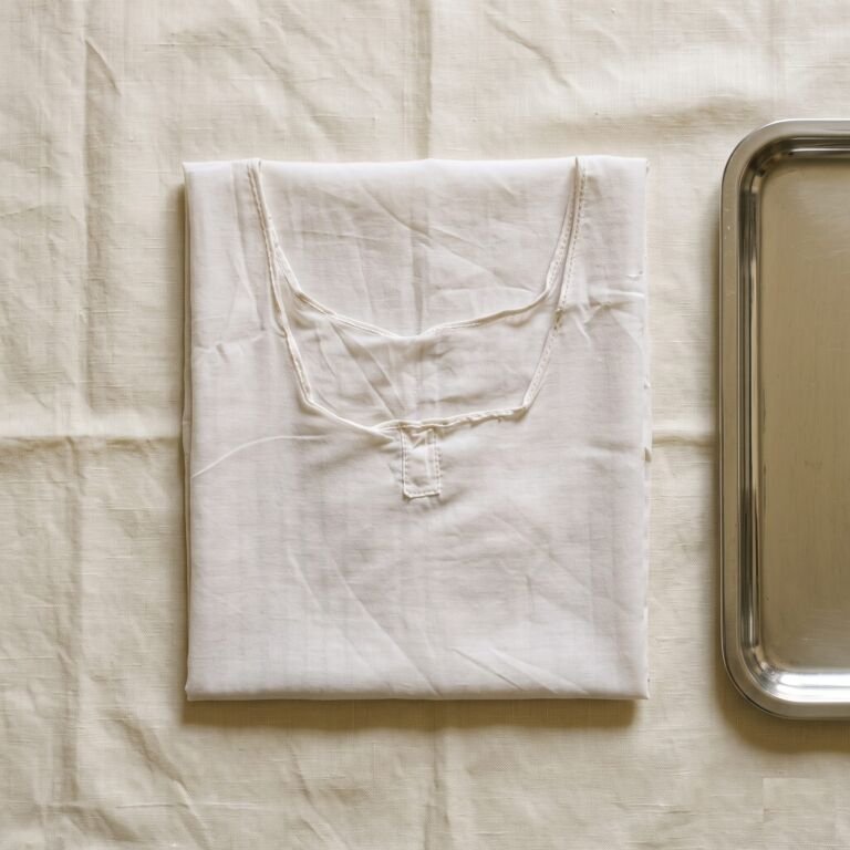 A folded white Navjote Sadra beside a steel tray