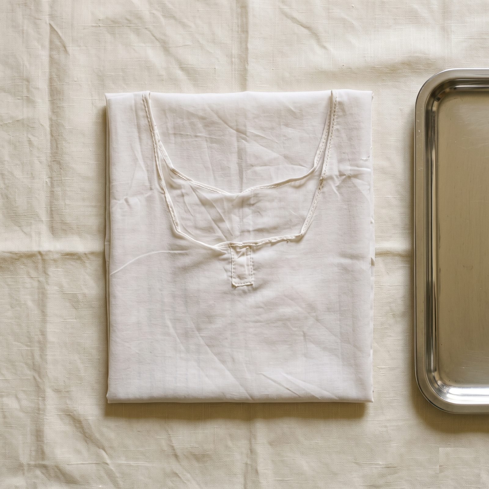 A folded white Navjote Sadra beside a steel tray