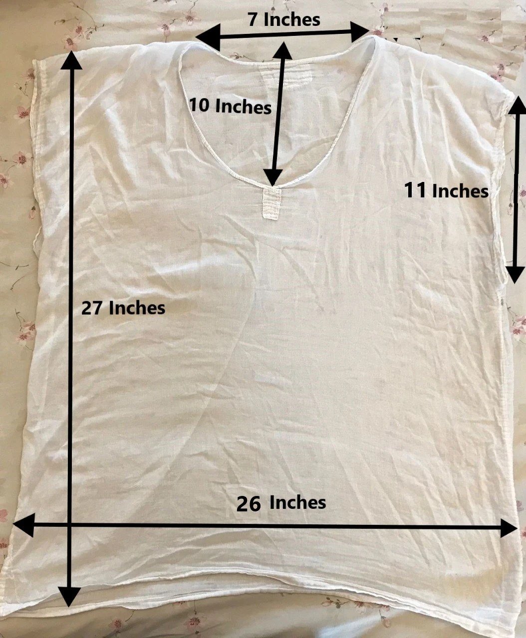 Parsi Sadra laid flat with measurements: neck width 7, neck length 10, sleeve 11, length 27 and width 26 inches
