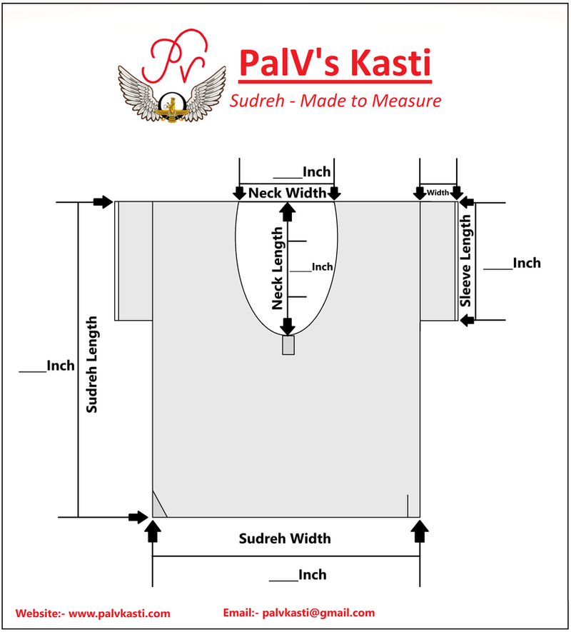 Schematic diagram: neck width, neck length, sleeve length, sudreh length and width